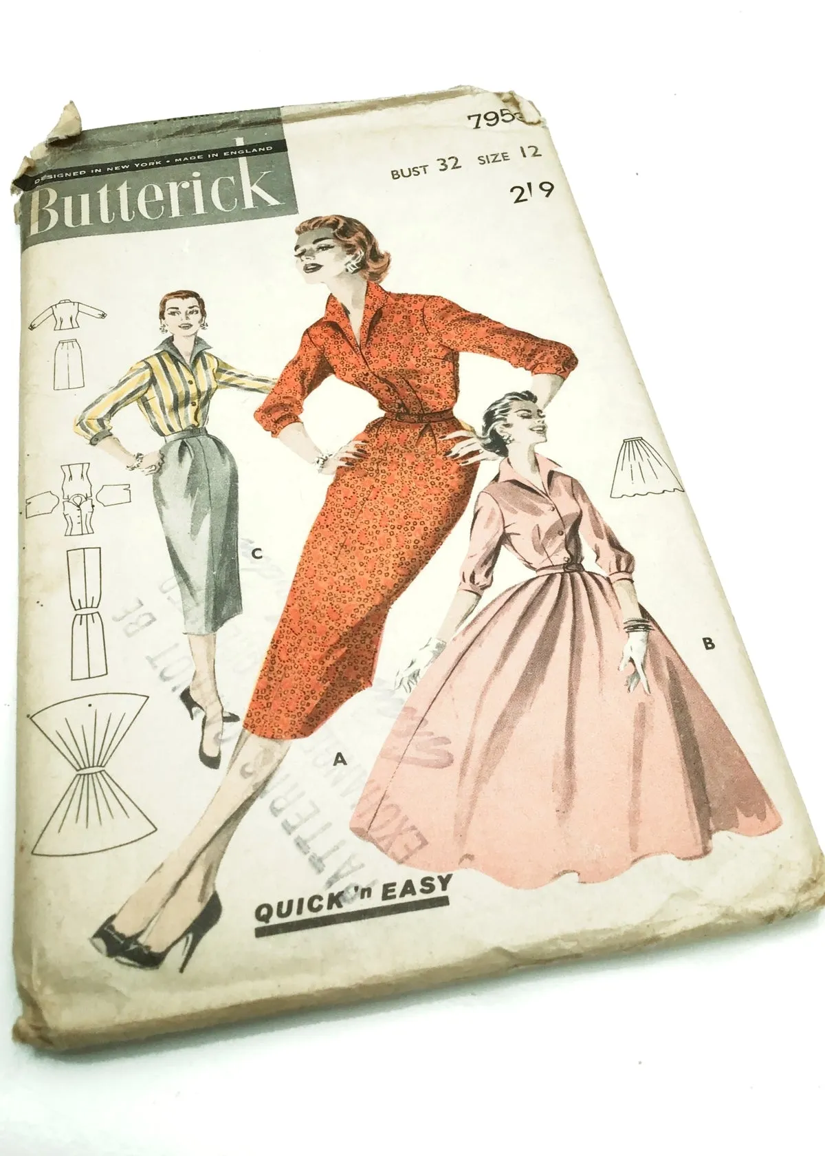 1950s Vintage Butterick #7953 Dressmaking Pattern • Blouse   Skirt Coord 32"