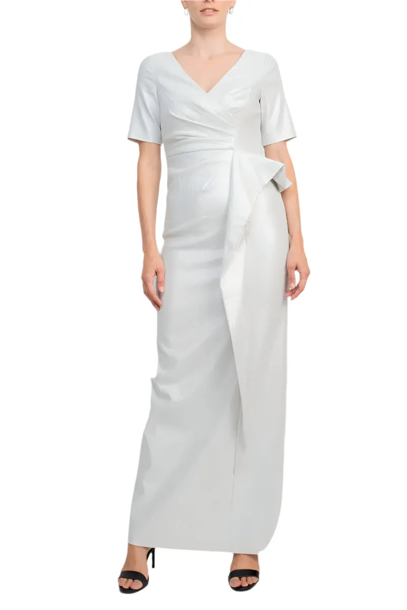 Aidan by Aidan Mattox V-Neck Pleated Zipper Back Short Sleeve Slit Back Taffeta Gown