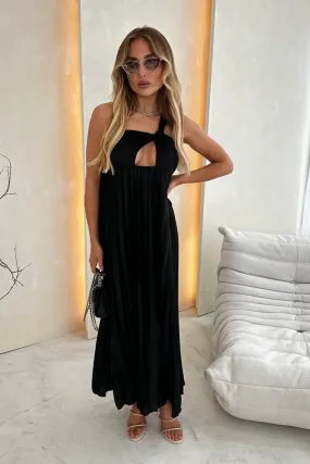 Amanda black pleated knot maxi dress