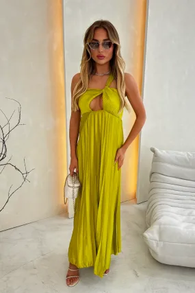 Amanda lime green pleated knot maxi dress