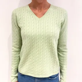 Avocado Green Cable Cashmere V Neck Jumper Small