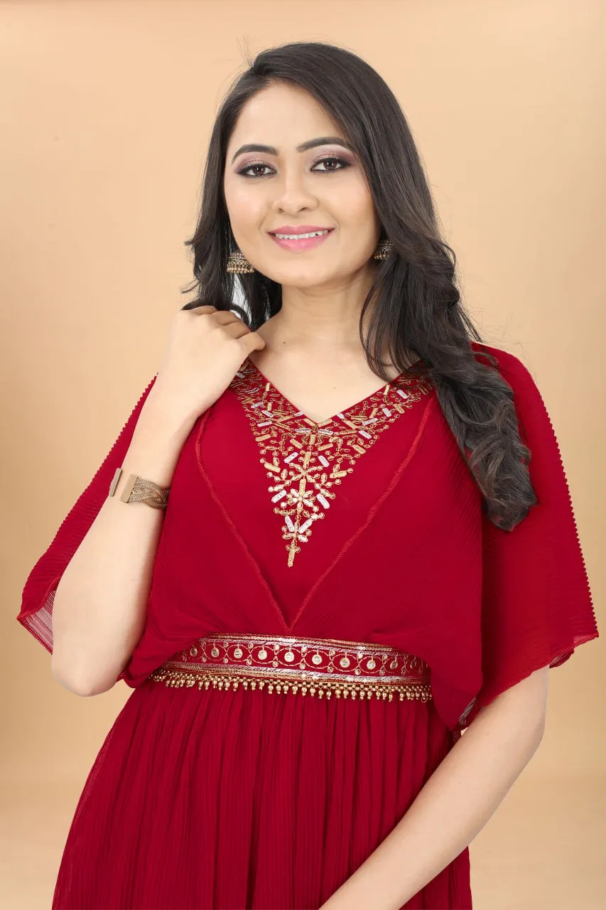 Beautiful Red Color Fancy Pleated Designer Gown