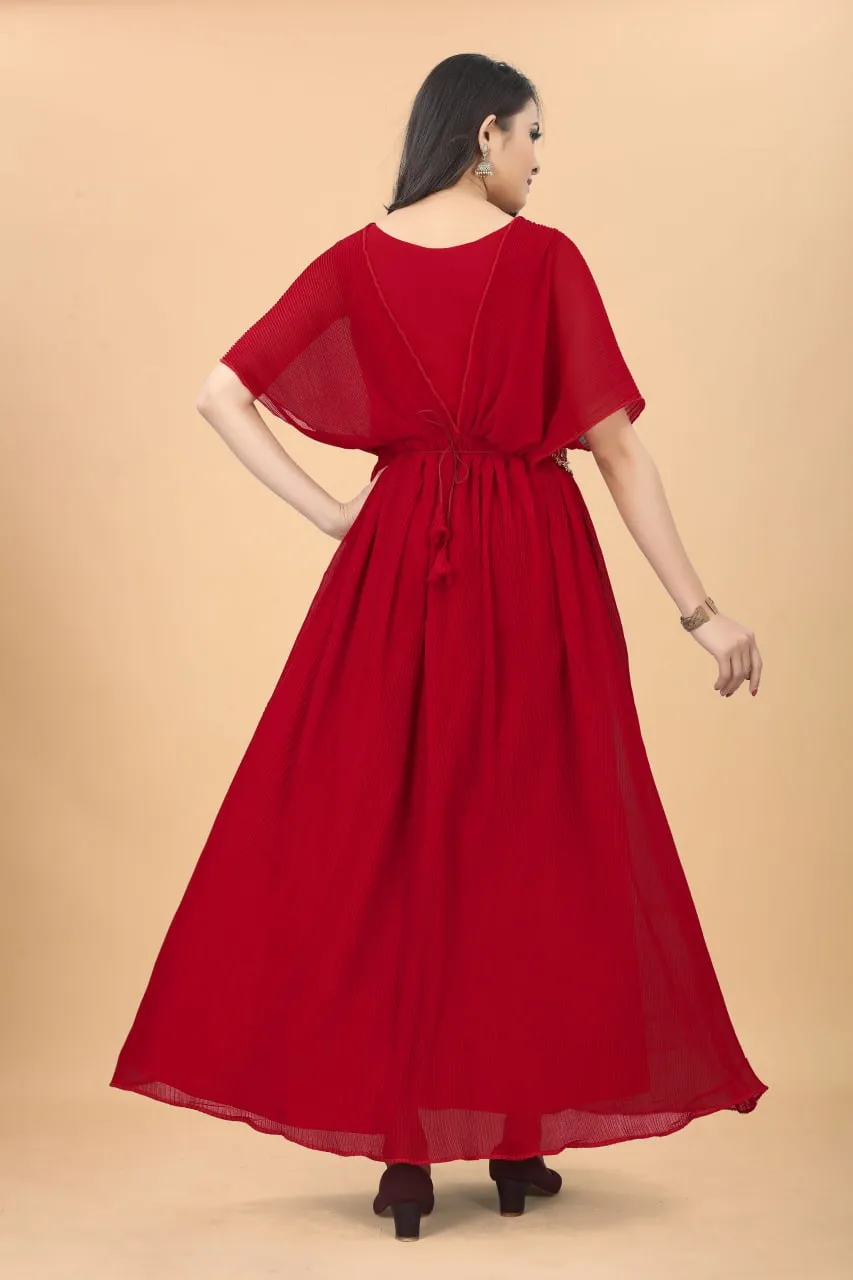 Beautiful Red Color Fancy Pleated Designer Gown
