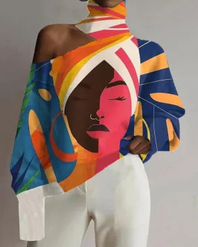 Black Girl Plant Personality Oil Painting Printed Off-the-shoulder High Neck Top