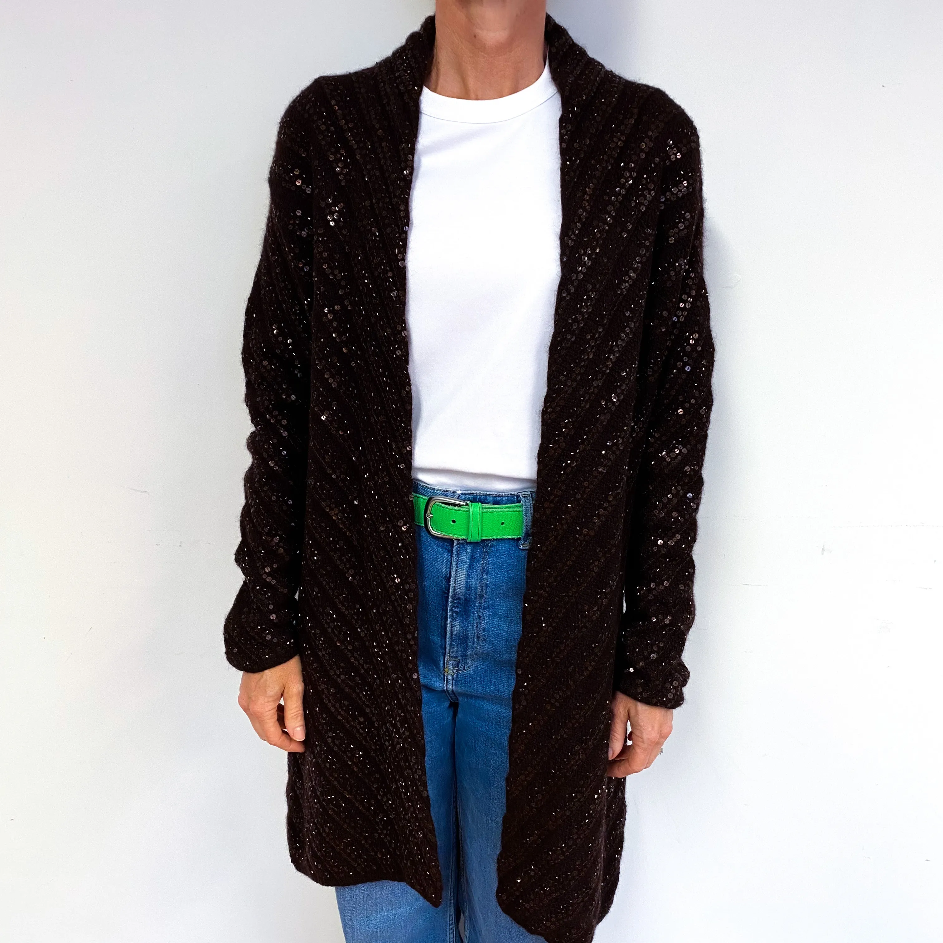 Brown Sequinned Chunky Cashmere Edge to Edge Cardigan Medium
