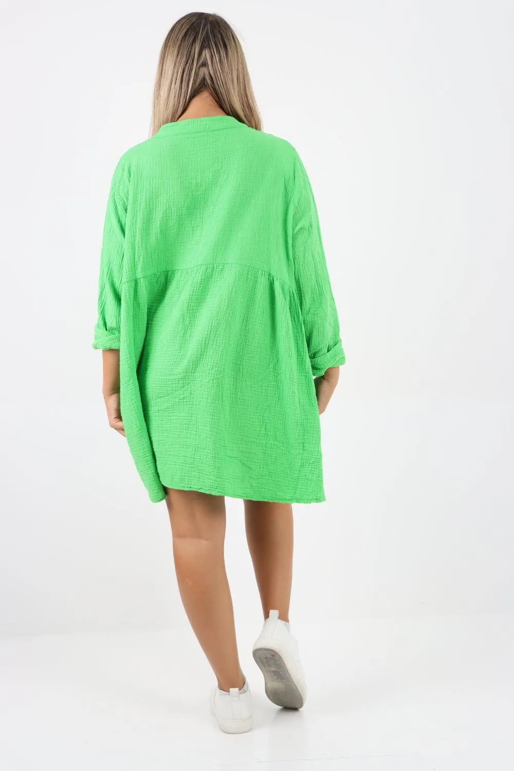 Button Down Grandad Collar Cotton Turn Up Sleeve Tunic dress