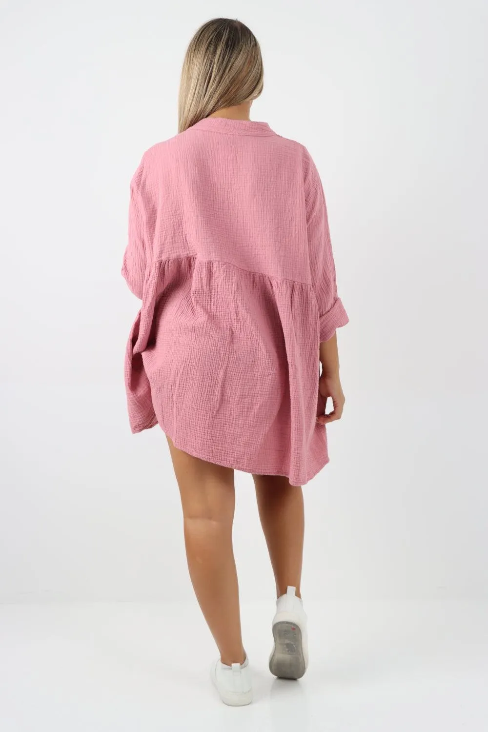 Button Down Grandad Collar Cotton Turn Up Sleeve Tunic dress