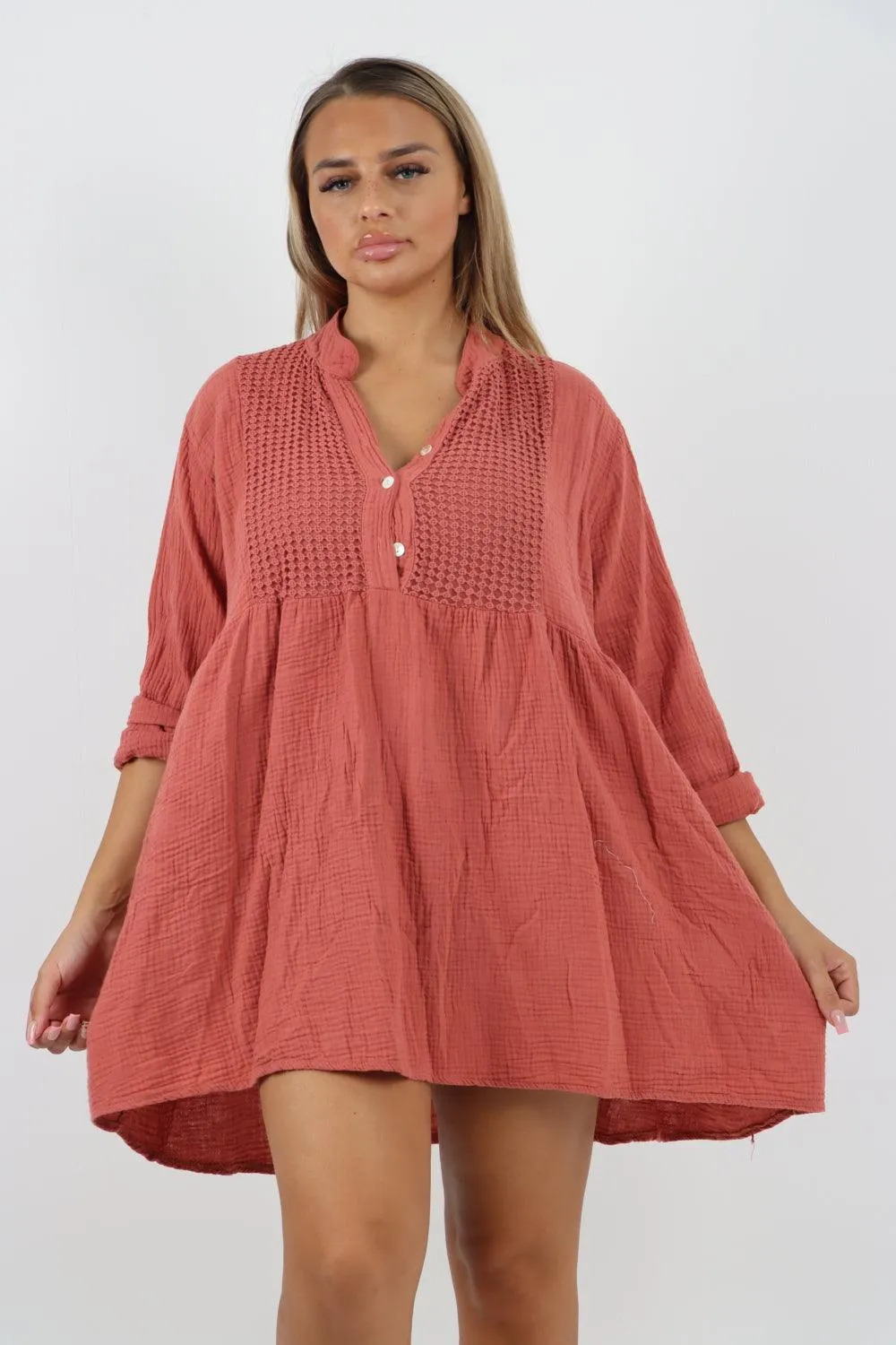 Button Down Grandad Collar Cotton Turn Up Sleeve Tunic dress