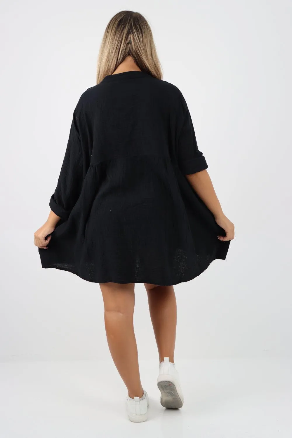 Button Down Grandad Collar Cotton Turn Up Sleeve Tunic dress