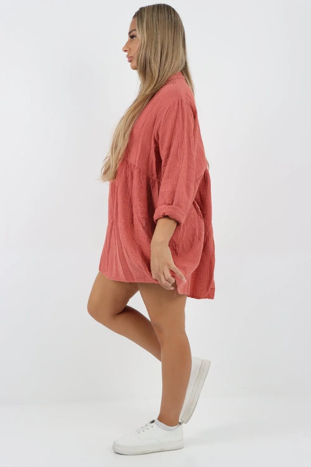 Button Down Grandad Collar Cotton Turn Up Sleeve Tunic dress