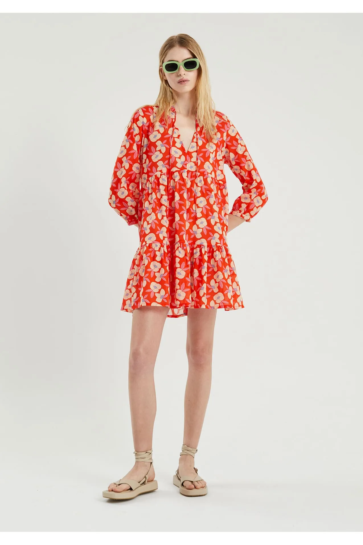 Compania Fantastica Beach Red Floral Flared-cut mini tunic dress