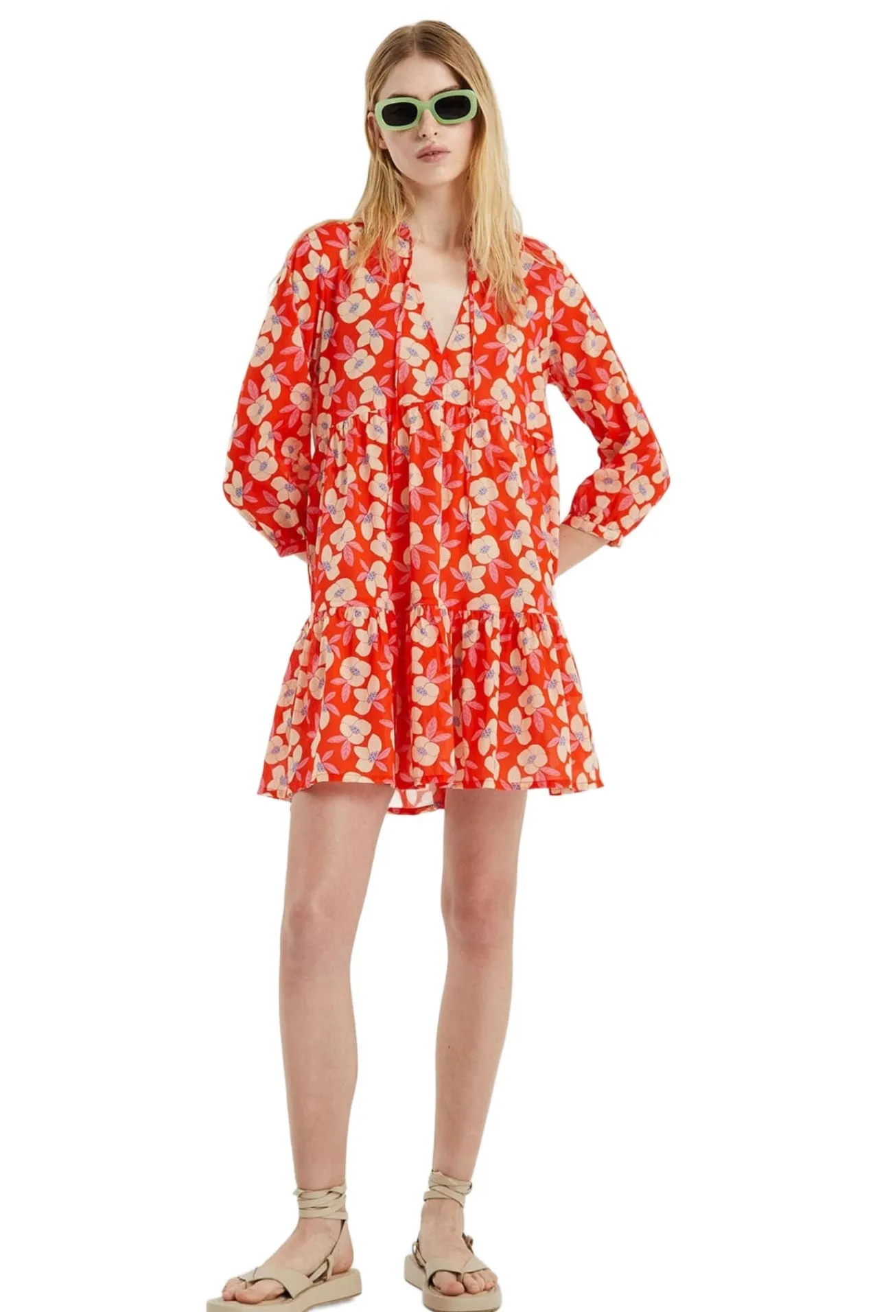 Compania Fantastica Beach Red Floral Flared-cut mini tunic dress