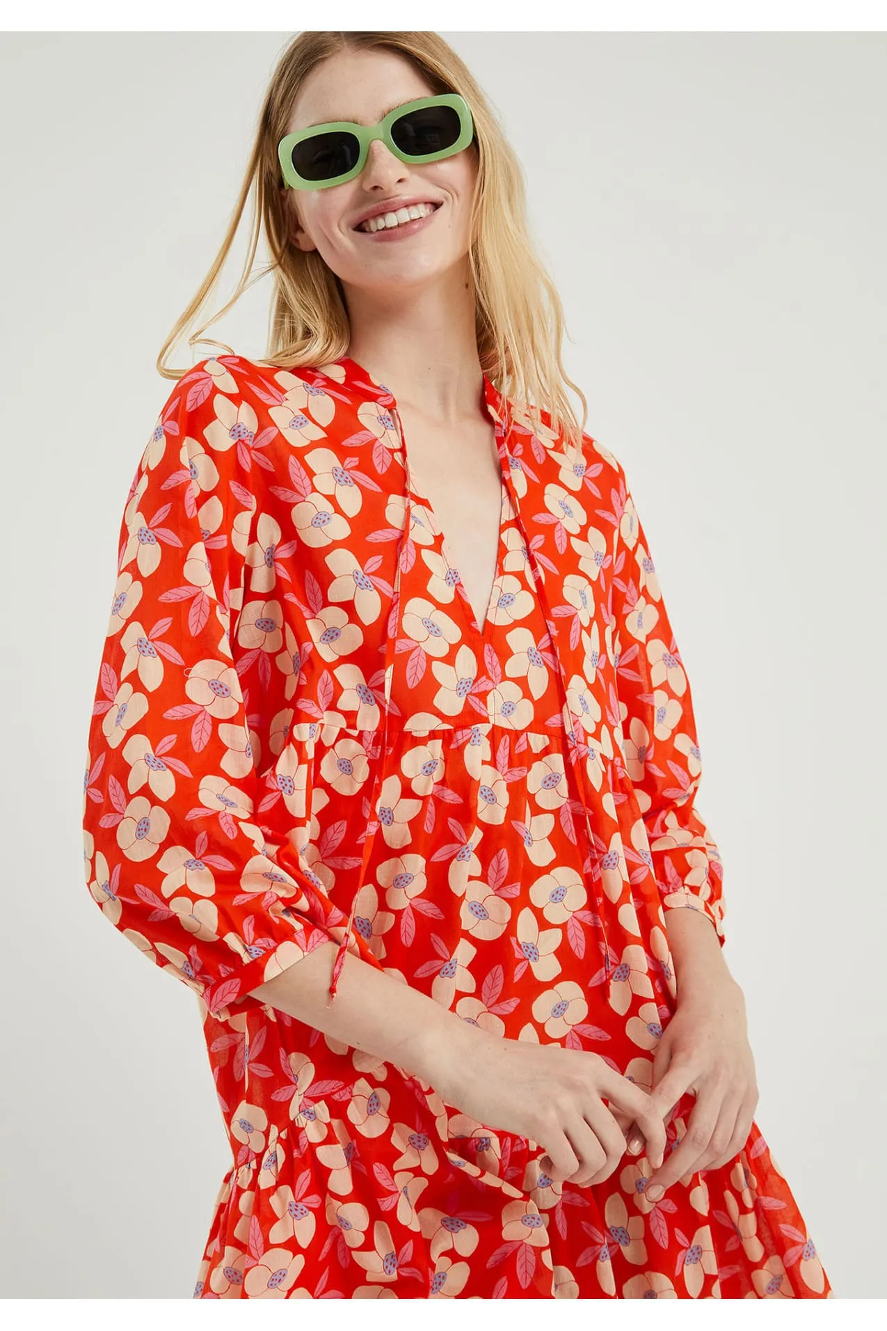 Compania Fantastica Beach Red Floral Flared-cut mini tunic dress