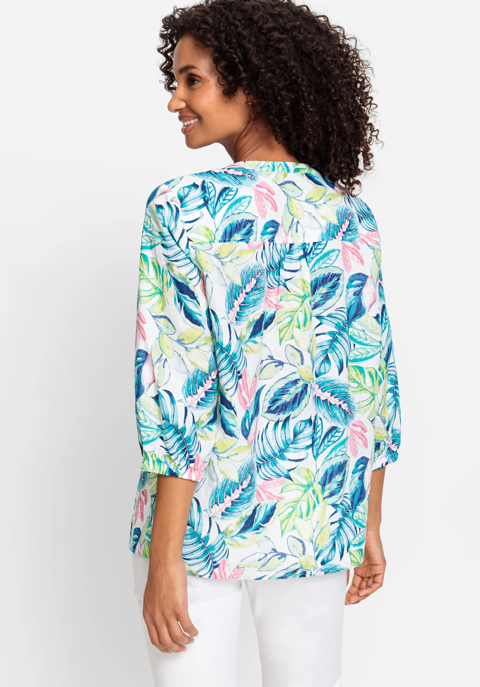Cotton Linen 3/4 Tropic Print Tunic Shirt