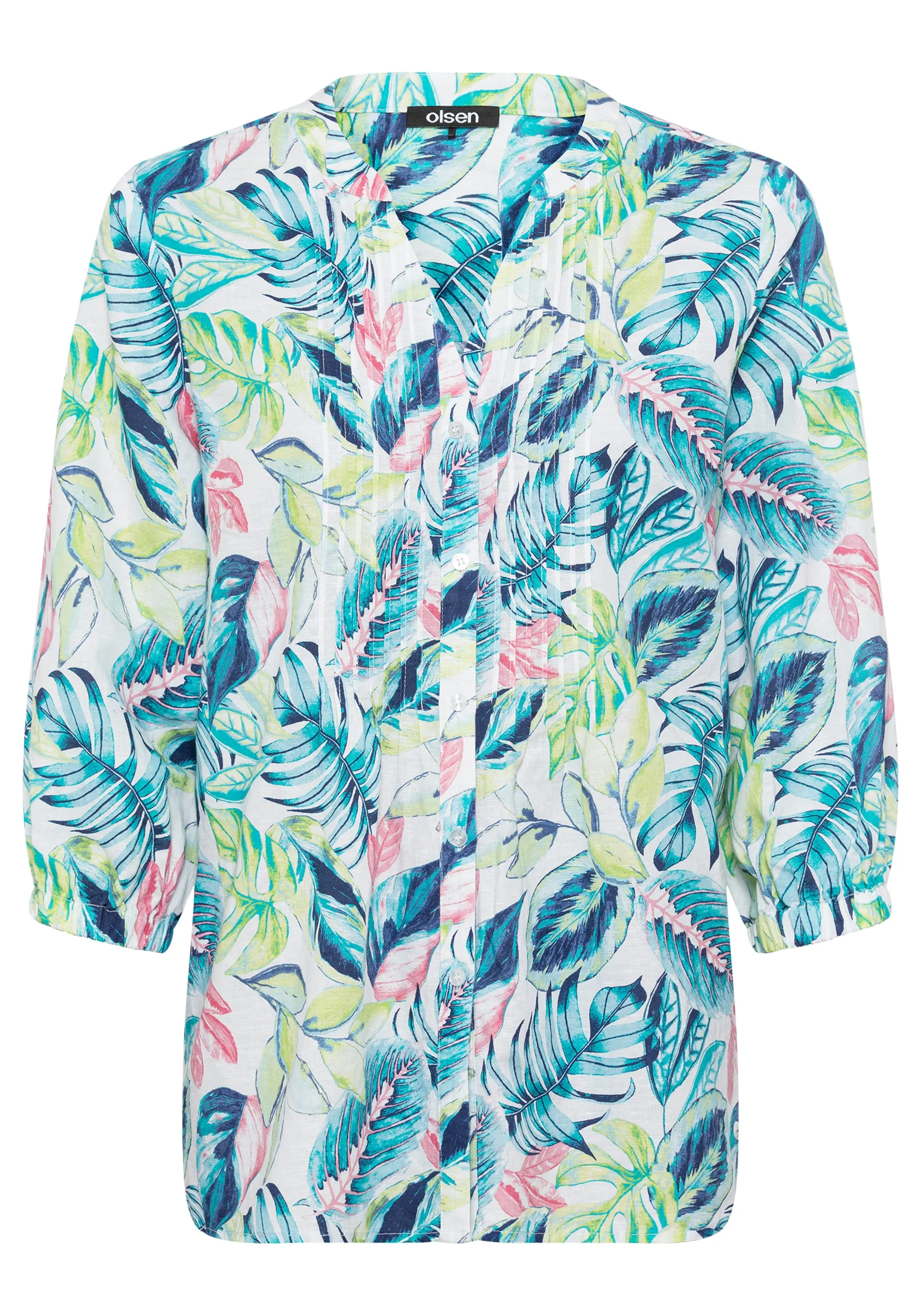 Cotton Linen 3/4 Tropic Print Tunic Shirt