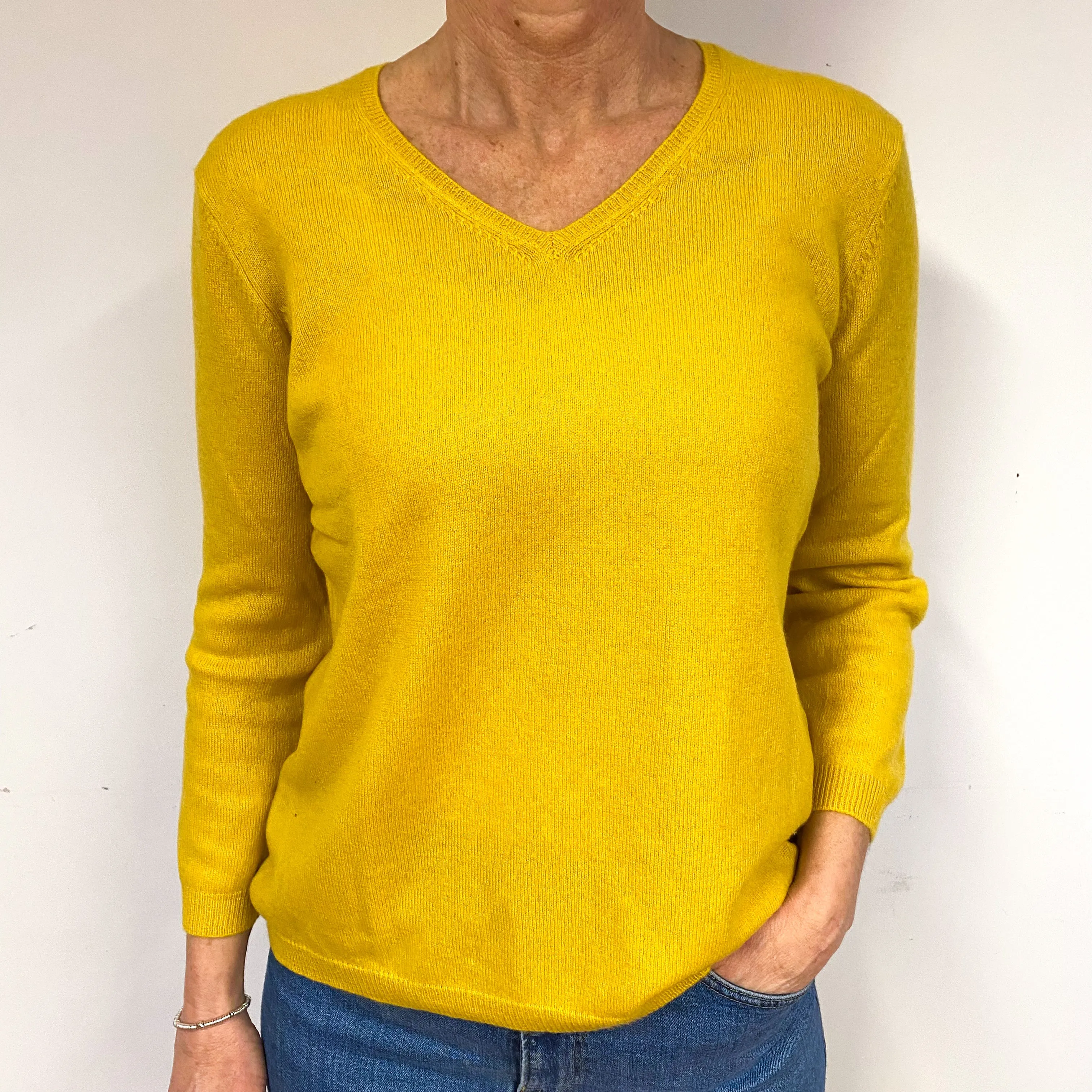 Daffodil Yellow 3/4 Sleeve Cashmere V-Neck Jumper Medium