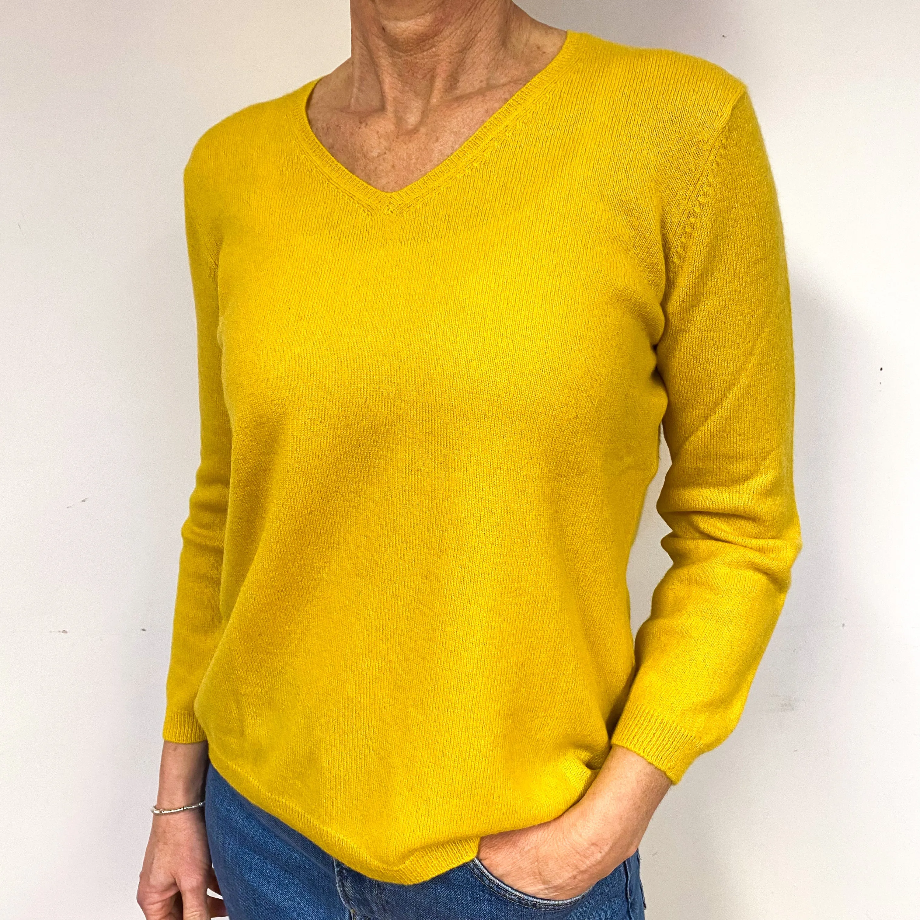 Daffodil Yellow 3/4 Sleeve Cashmere V-Neck Jumper Medium