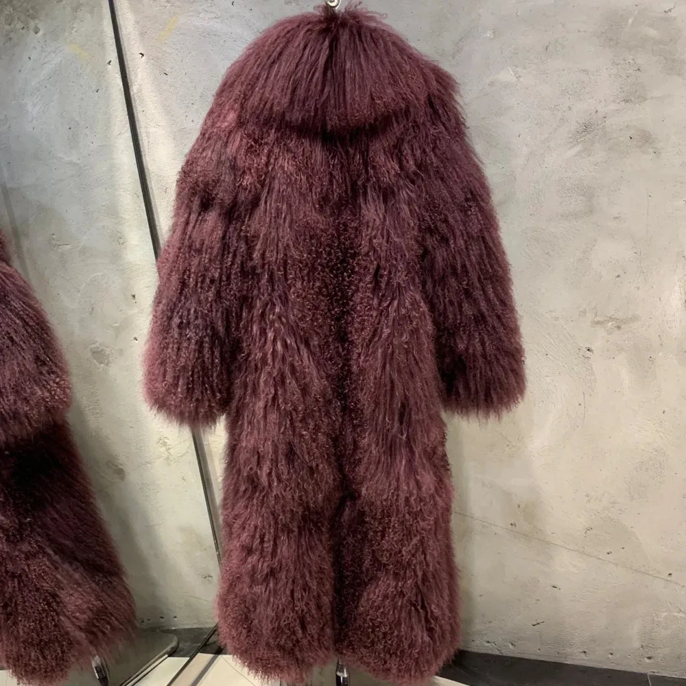 Designer Mongolian Fur Ankle-Length Overcoat
