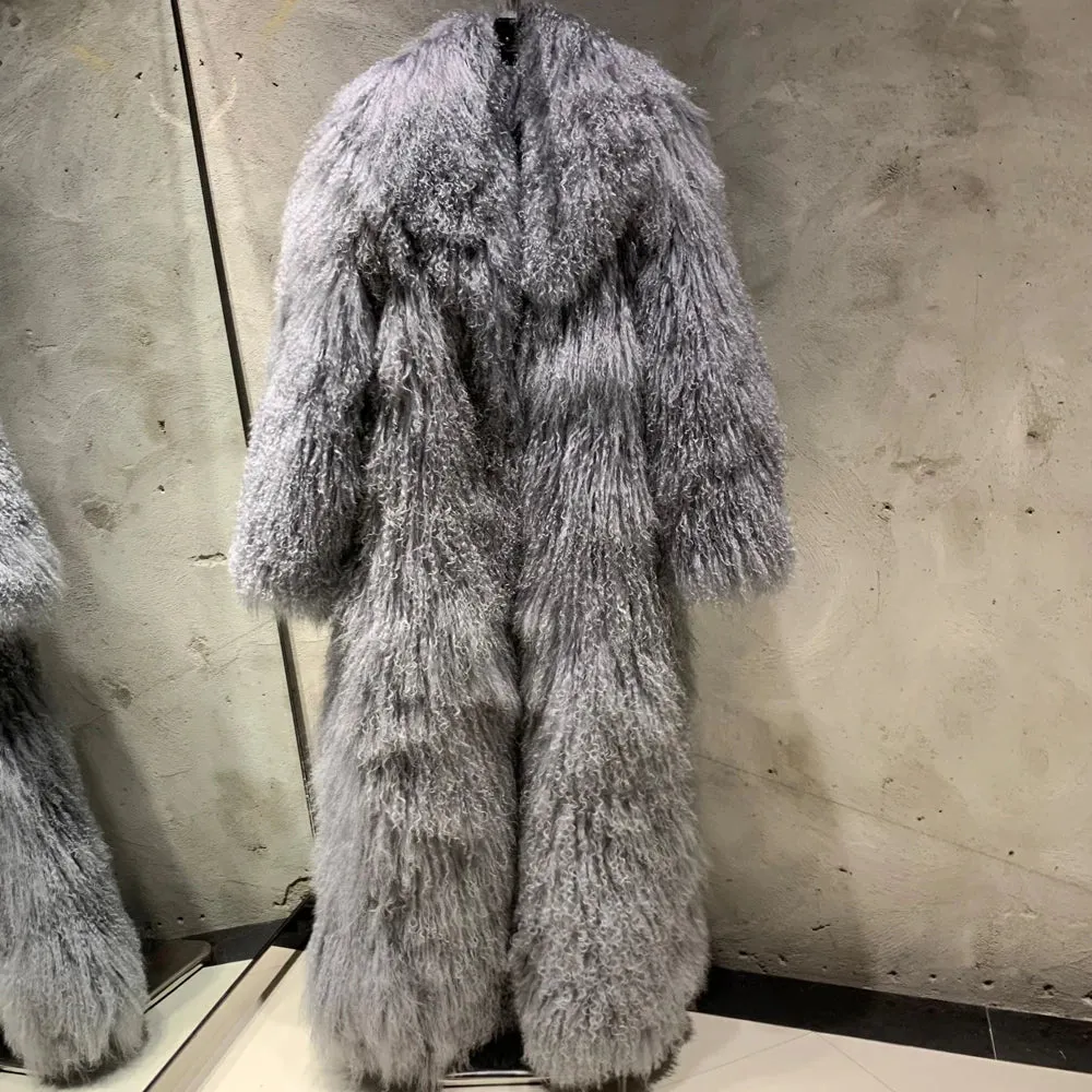 Designer Mongolian Fur Ankle-Length Overcoat