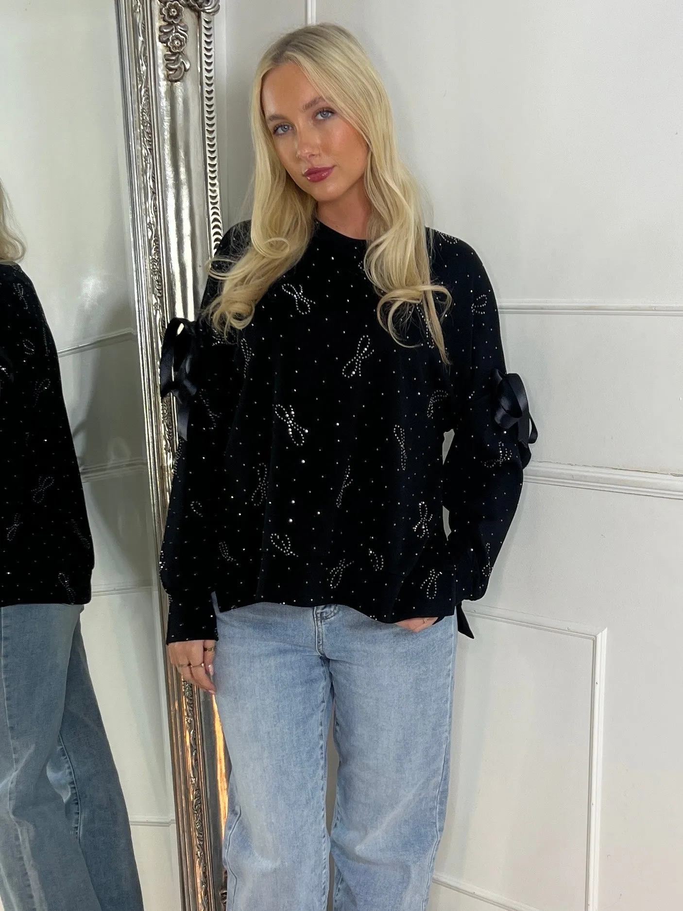 Diamante Scattered Bows Detail Jumper - Black