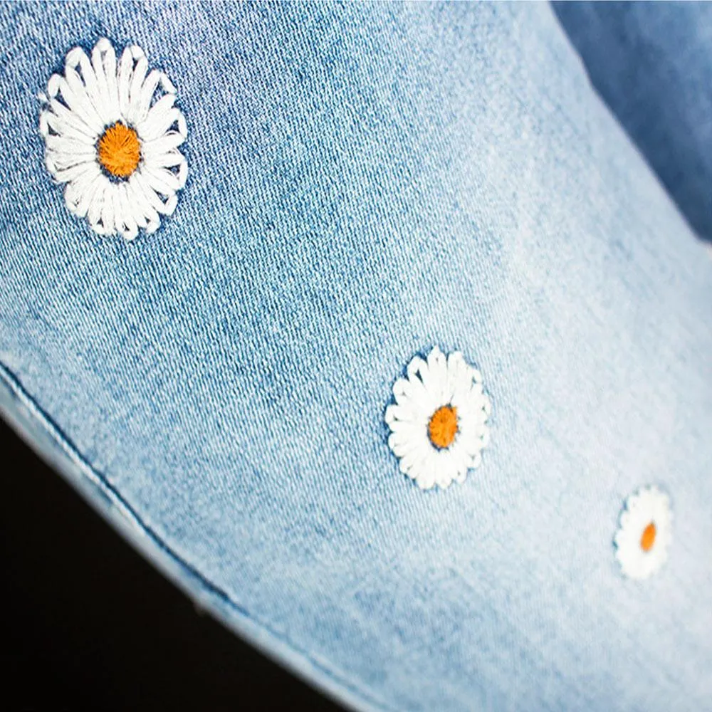 Flare Blue High Waist Embroidery Denim Pants