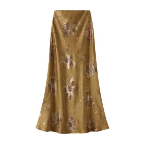 Floral Silky Skirt - Camel