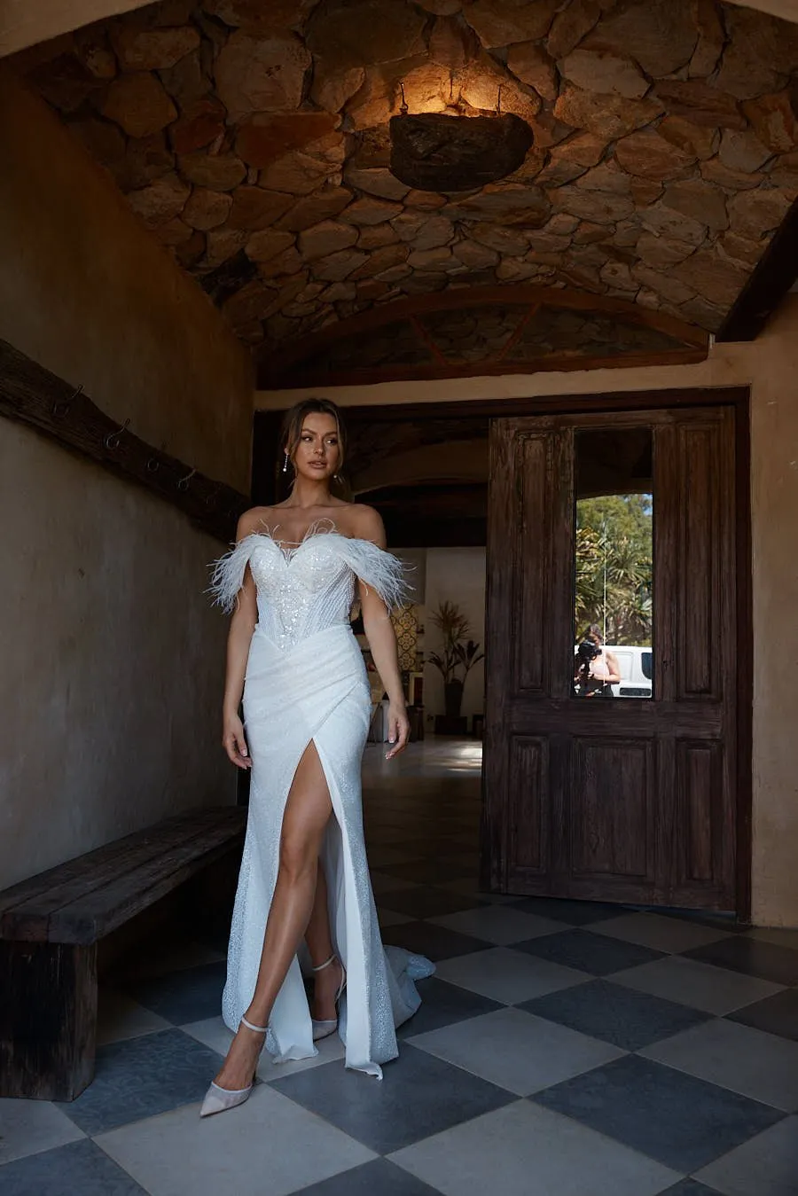 Francesca Off-Shoulder Feather Flared Wedding Dress – TC2336