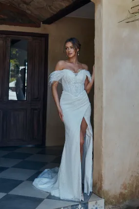 Francesca Off-Shoulder Feather Flared Wedding Dress – TC2336