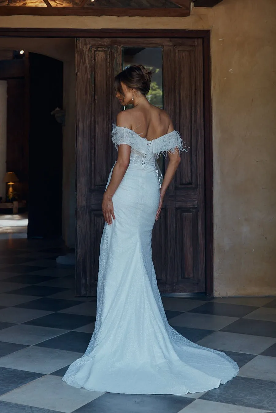Francesca Off-Shoulder Feather Flared Wedding Dress – TC2336