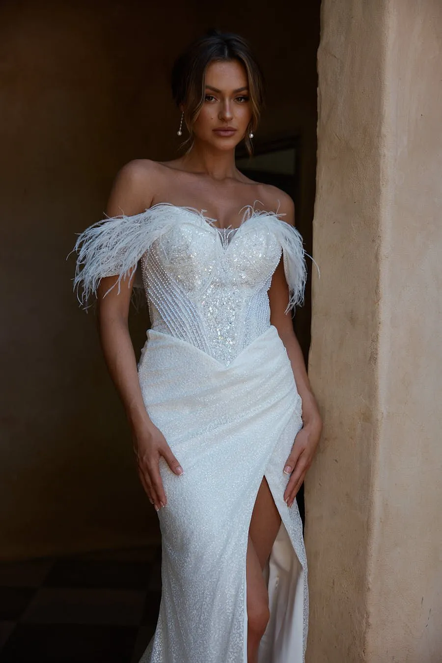 Francesca Off-Shoulder Feather Flared Wedding Dress – TC2336