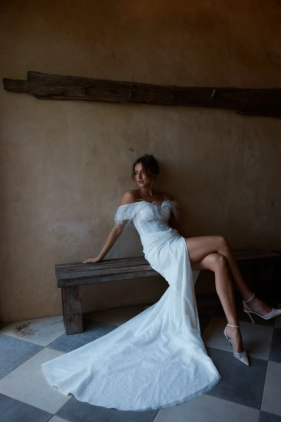 Francesca Off-Shoulder Feather Flared Wedding Dress – TC2336