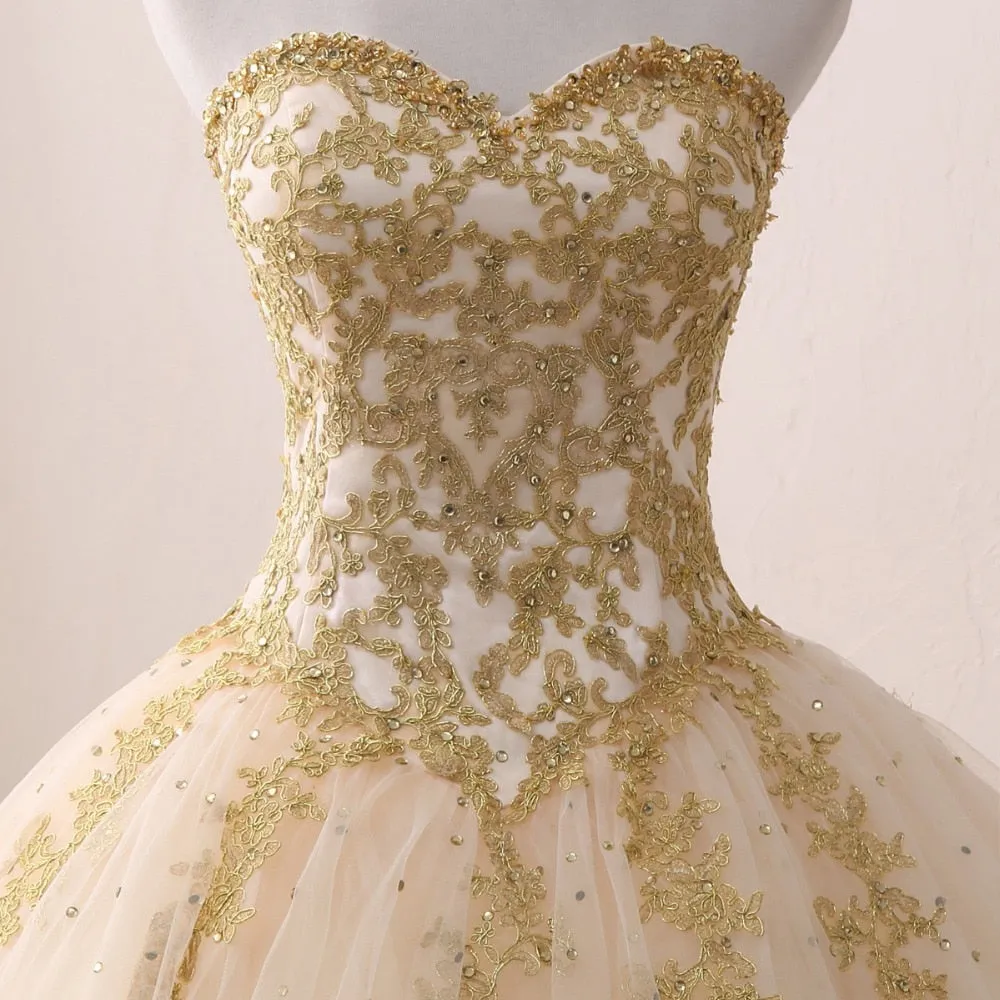 Gold Princess Ball Gown Quinceañera Lace Appliques Beaded Ball Gown
