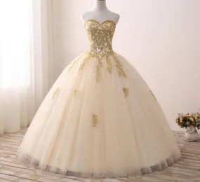 Gold Princess Ball Gown Quinceañera Lace Appliques Beaded Ball Gown