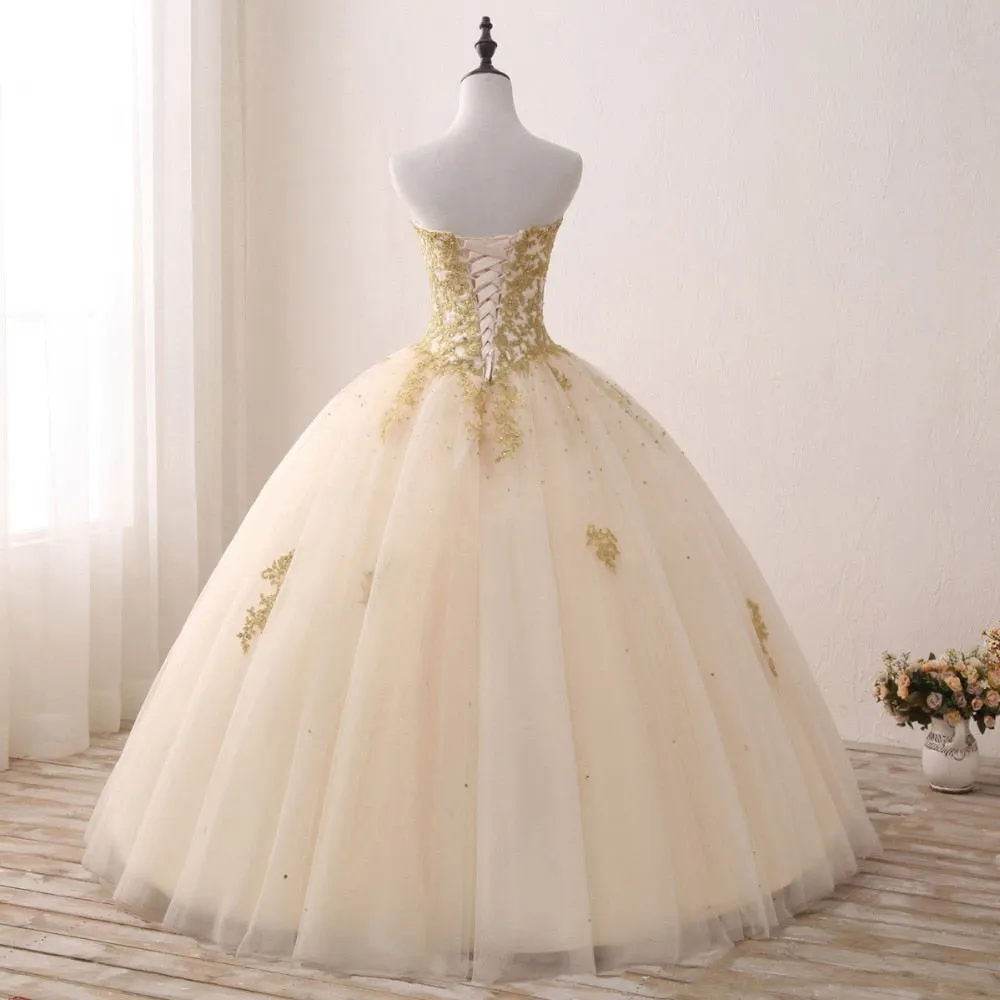 Gold Princess Ball Gown Quinceañera Lace Appliques Beaded Ball Gown