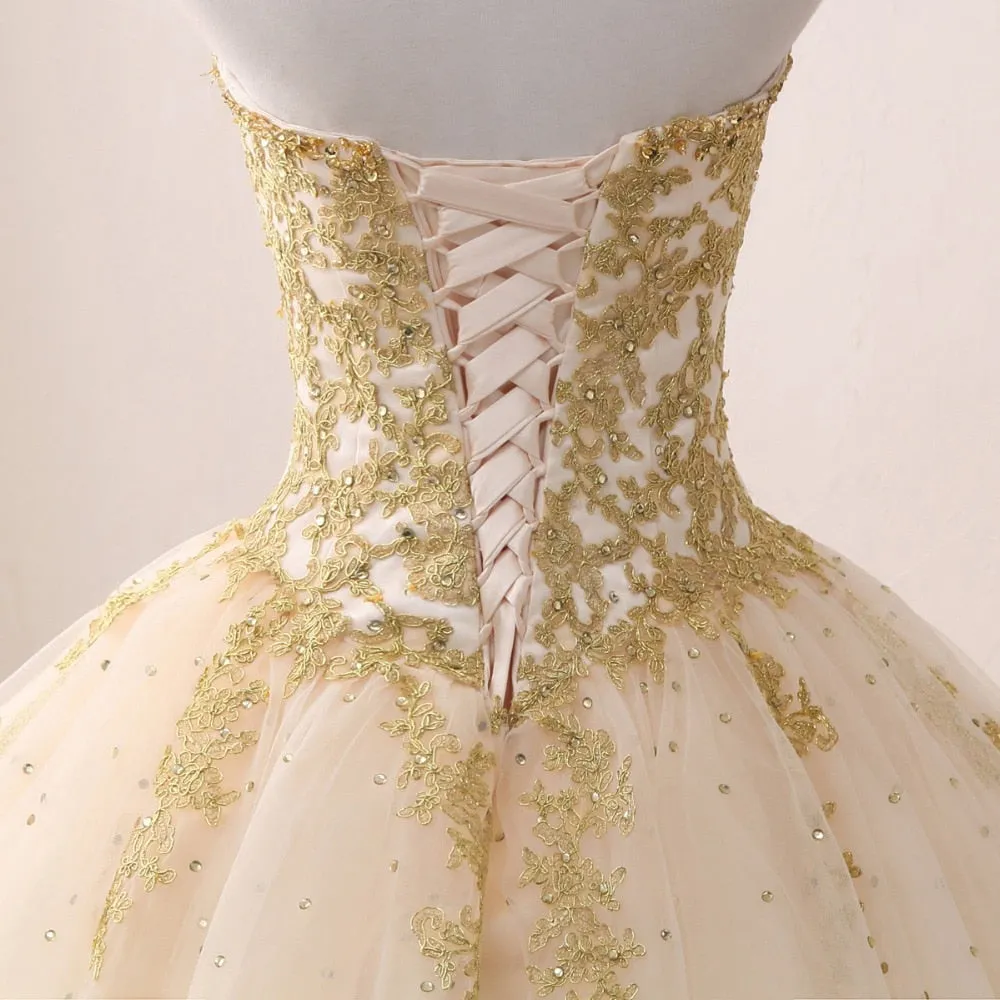 Gold Princess Ball Gown Quinceañera Lace Appliques Beaded Ball Gown