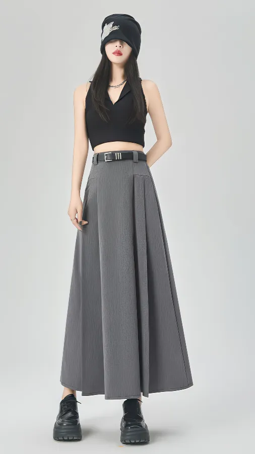 Gray Pleated A-Line Maxi Skirt