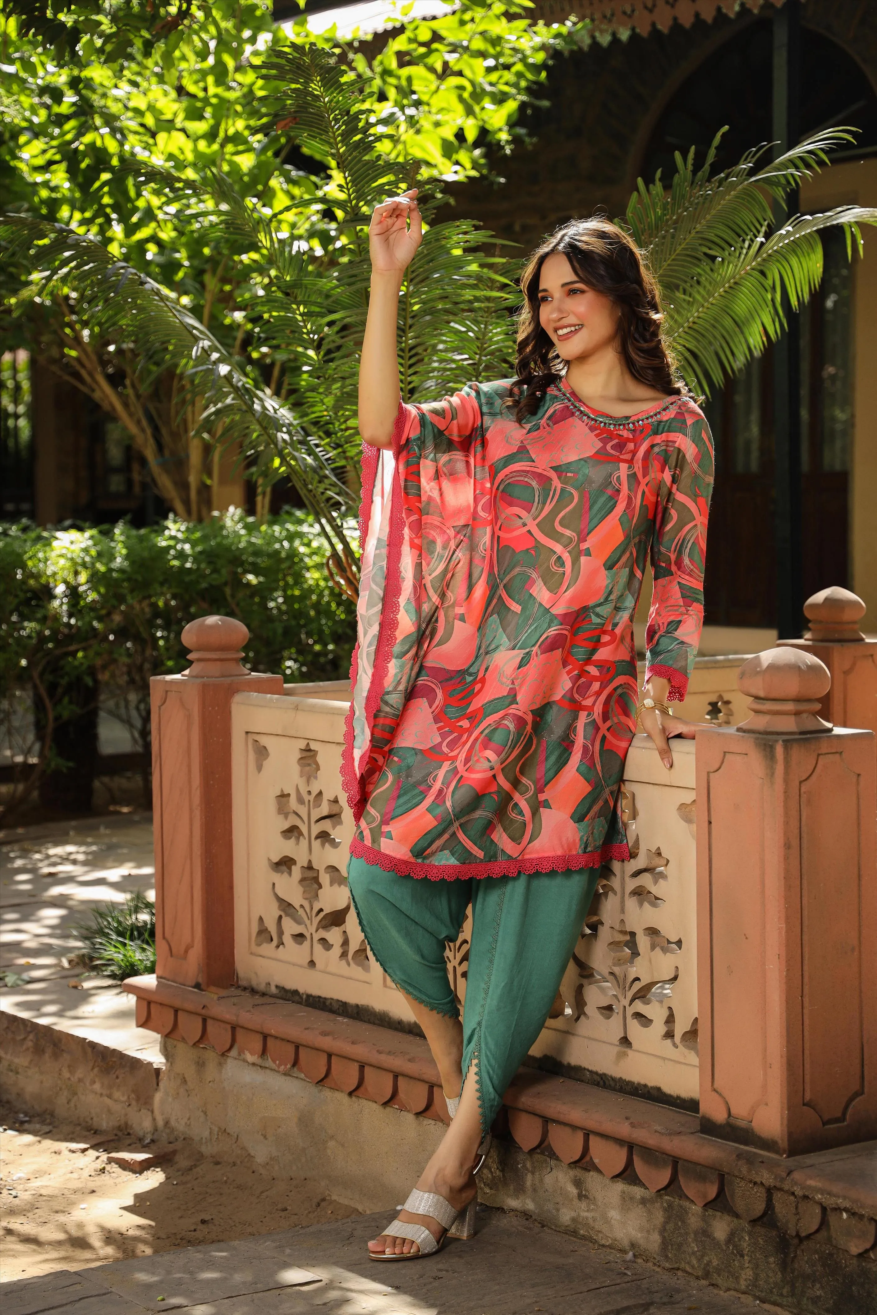 Green-Coral Muslin Printed Poncho & Dhoti Set