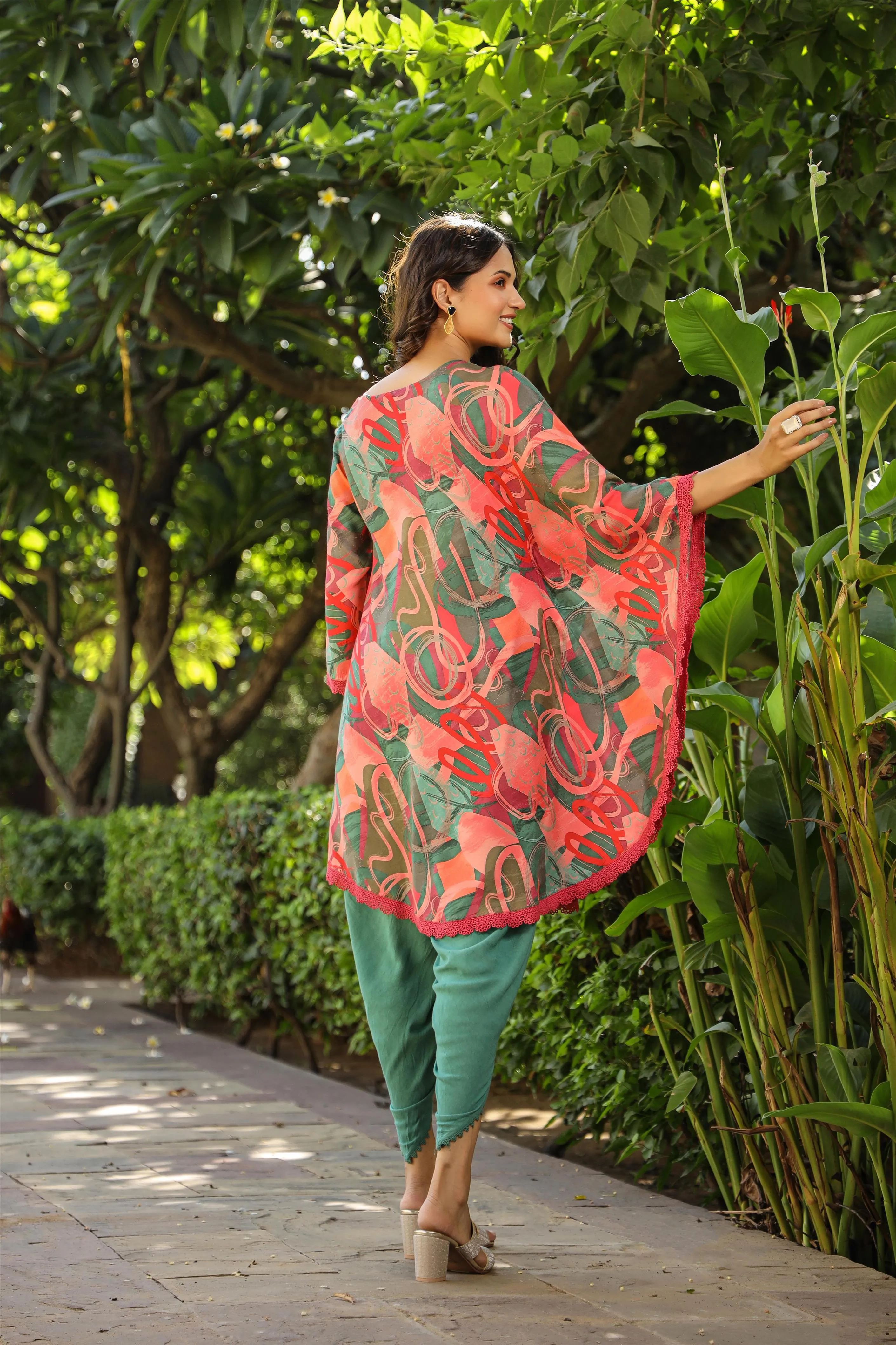 Green-Coral Muslin Printed Poncho & Dhoti Set