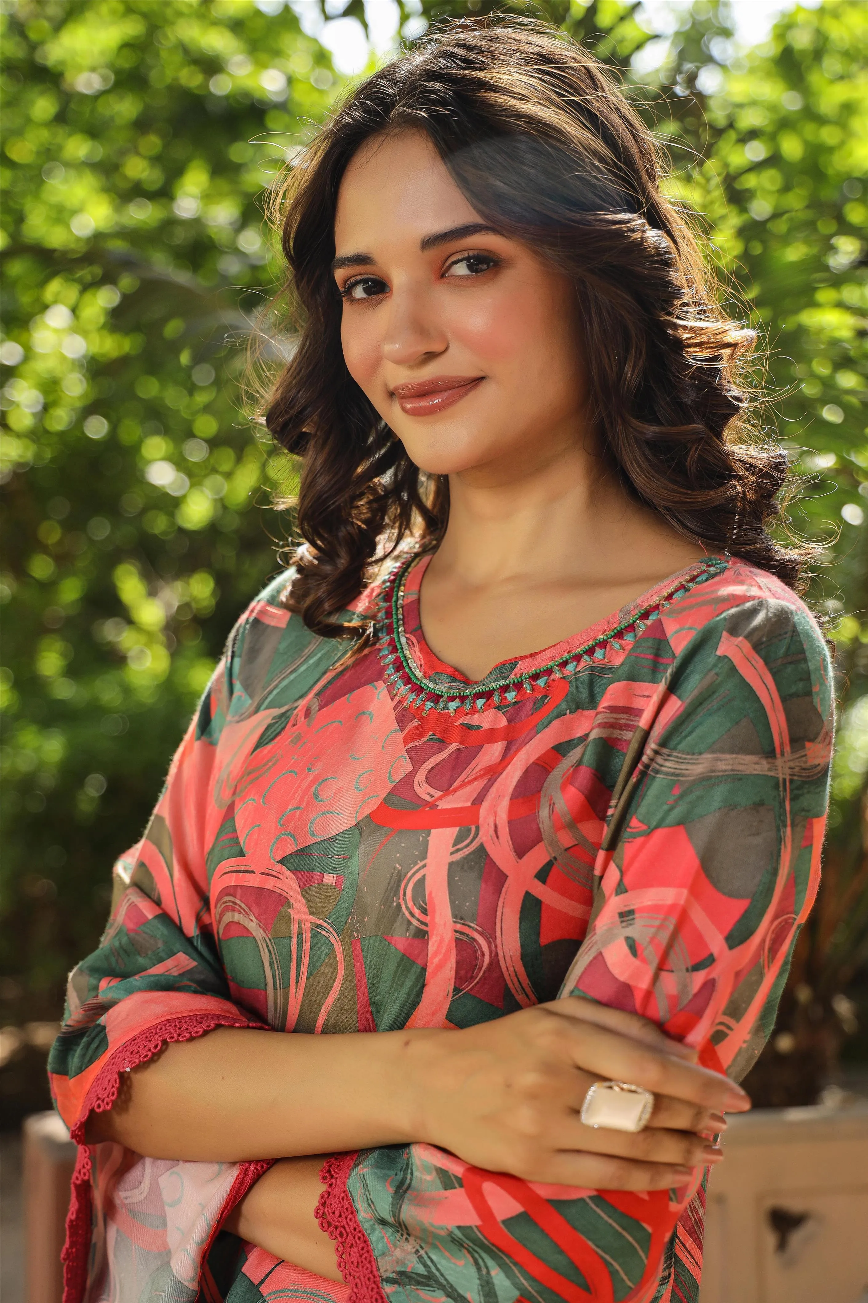 Green-Coral Muslin Printed Poncho & Dhoti Set
