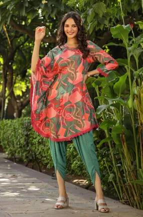 Green-Coral Muslin Printed Poncho & Dhoti Set