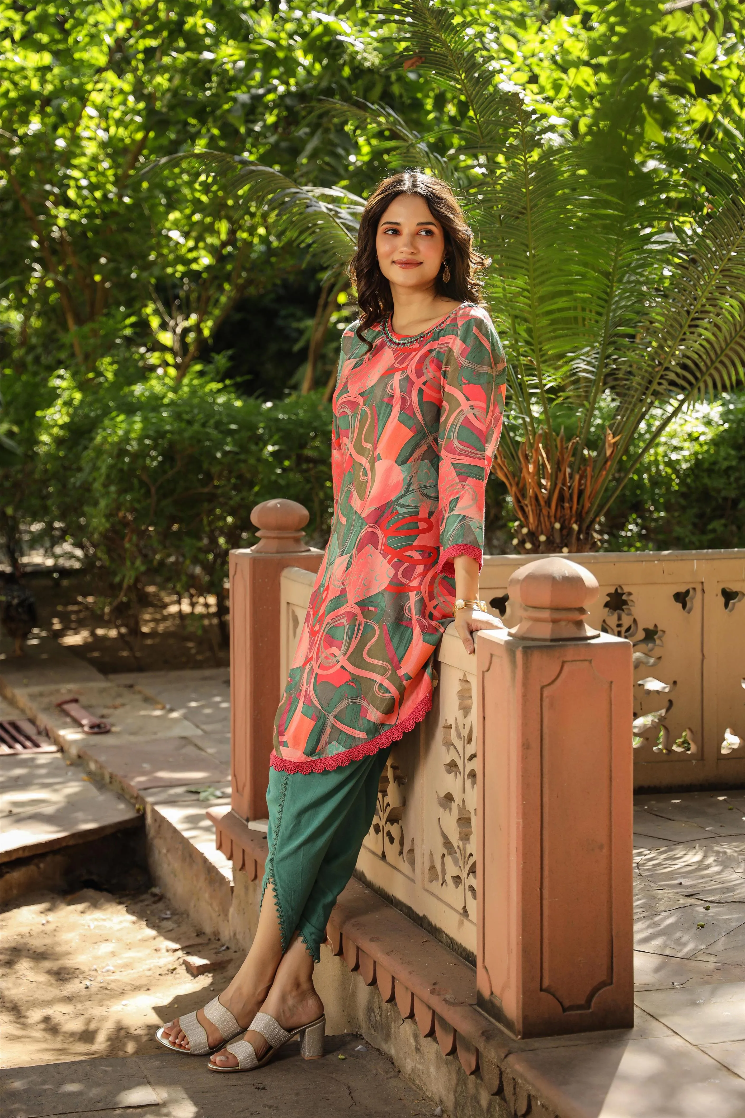 Green-Coral Muslin Printed Poncho & Dhoti Set