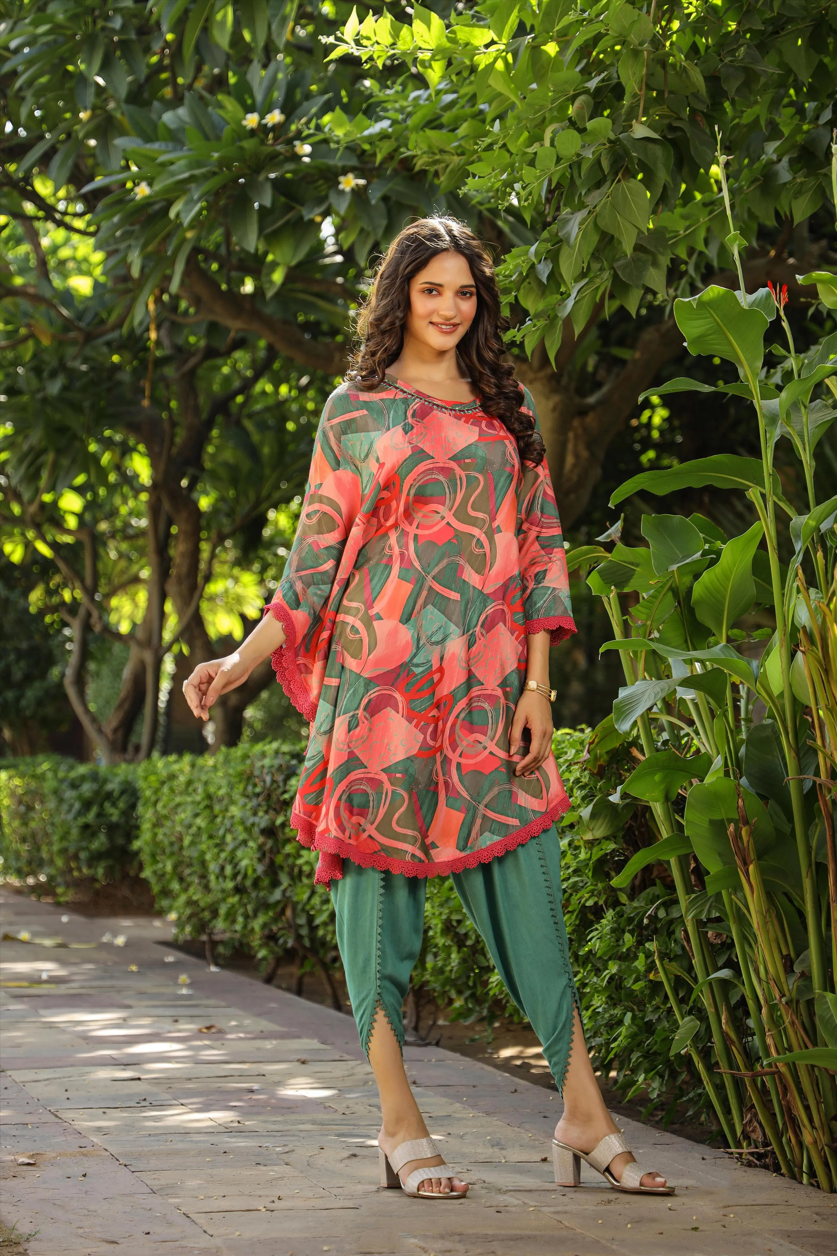 Green-Coral Muslin Printed Poncho & Dhoti Set