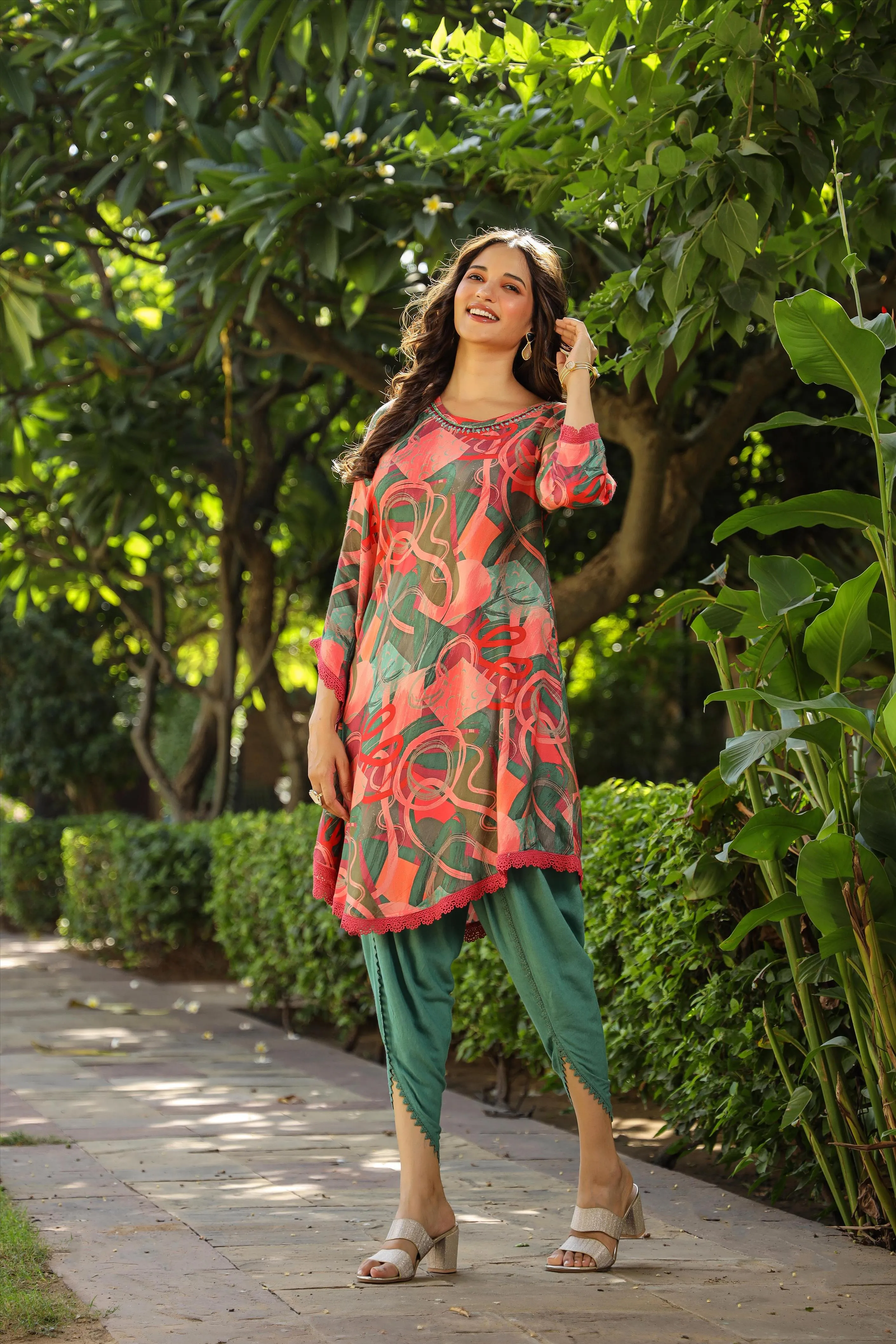 Green-Coral Muslin Printed Poncho & Dhoti Set