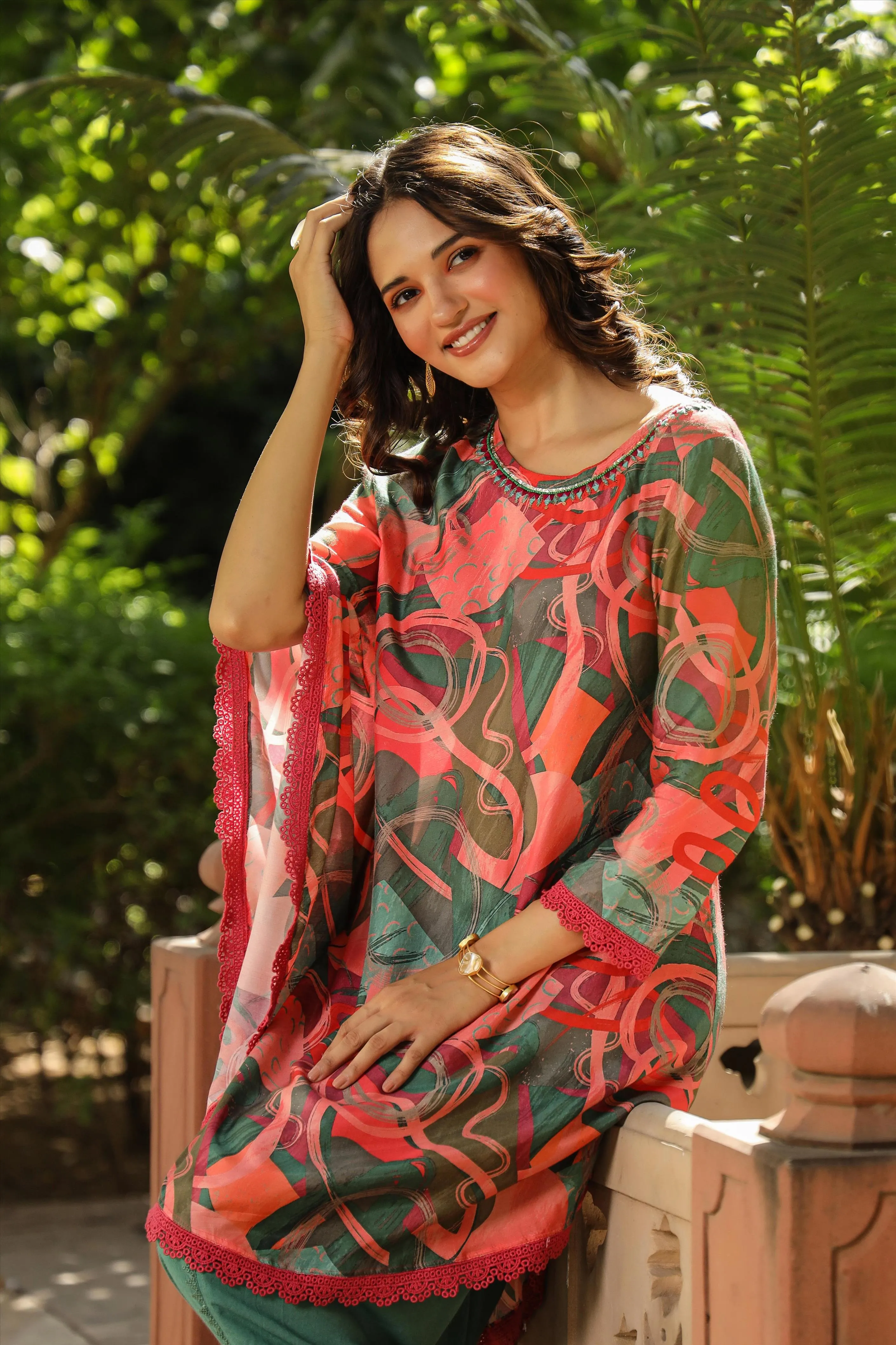 Green-Coral Muslin Printed Poncho & Dhoti Set