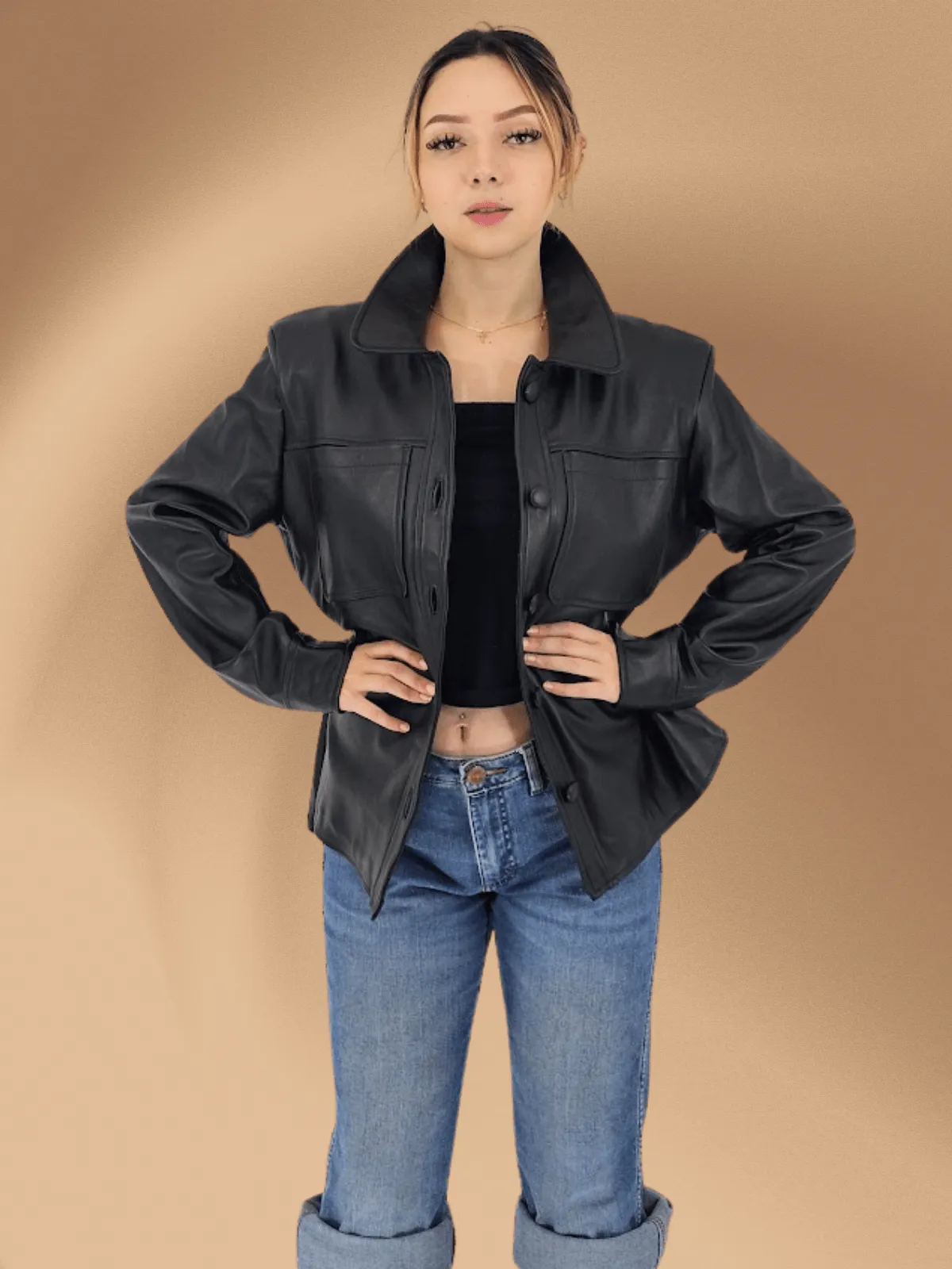Handcrafted Oversized Women's Sheepskin Leather Jacket – Classic Black, Stylish & Versatile