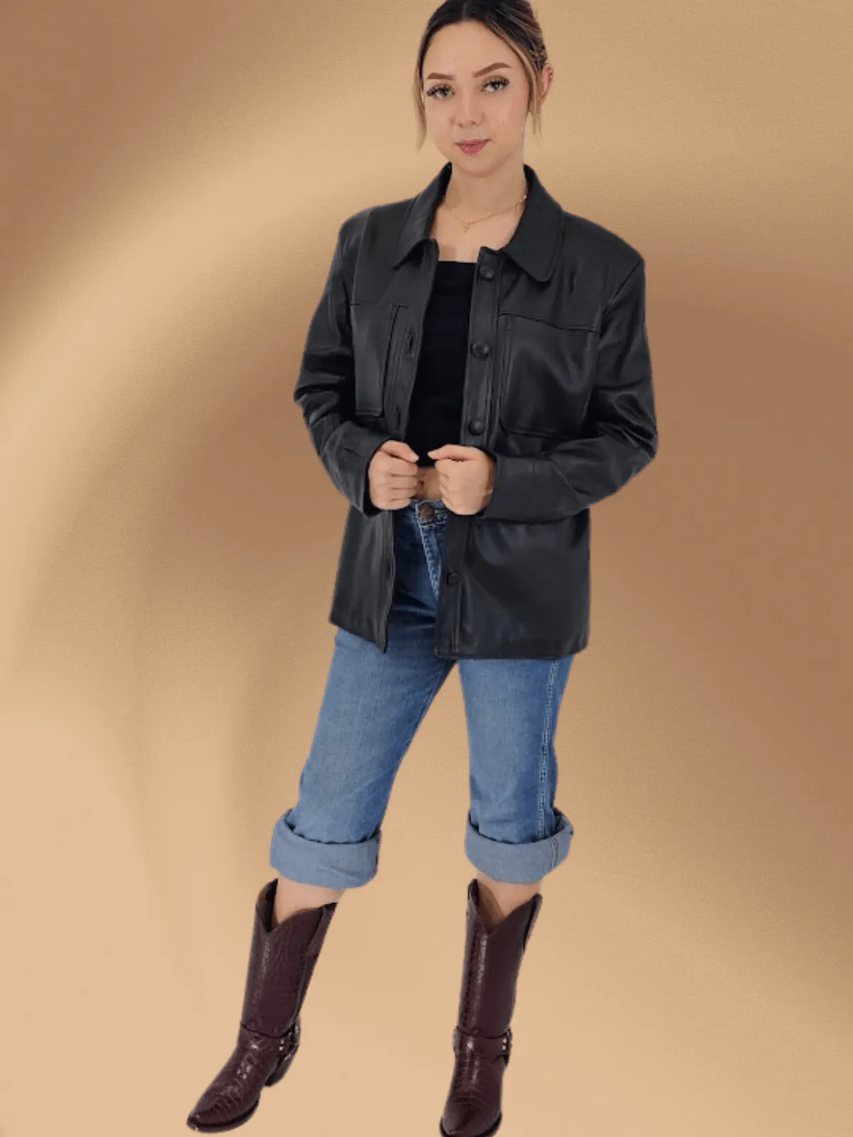 Handcrafted Oversized Women's Sheepskin Leather Jacket – Classic Black, Stylish & Versatile