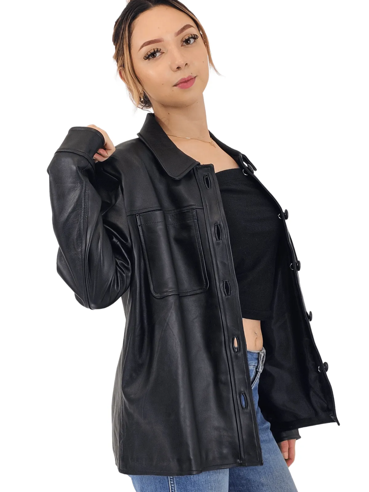 Handcrafted Oversized Women's Sheepskin Leather Jacket – Classic Black, Stylish & Versatile