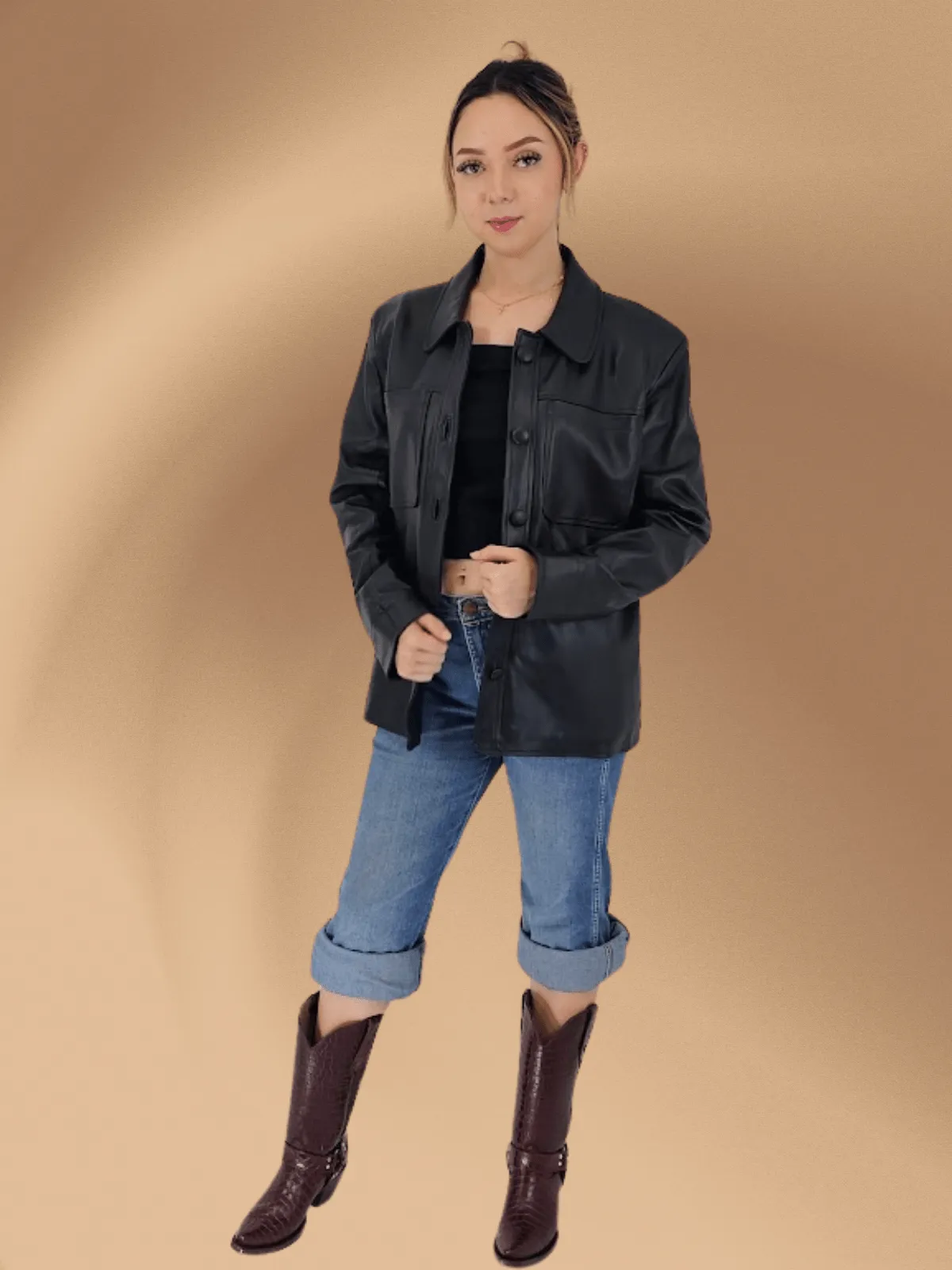 Handcrafted Oversized Women's Sheepskin Leather Jacket – Classic Black, Stylish & Versatile