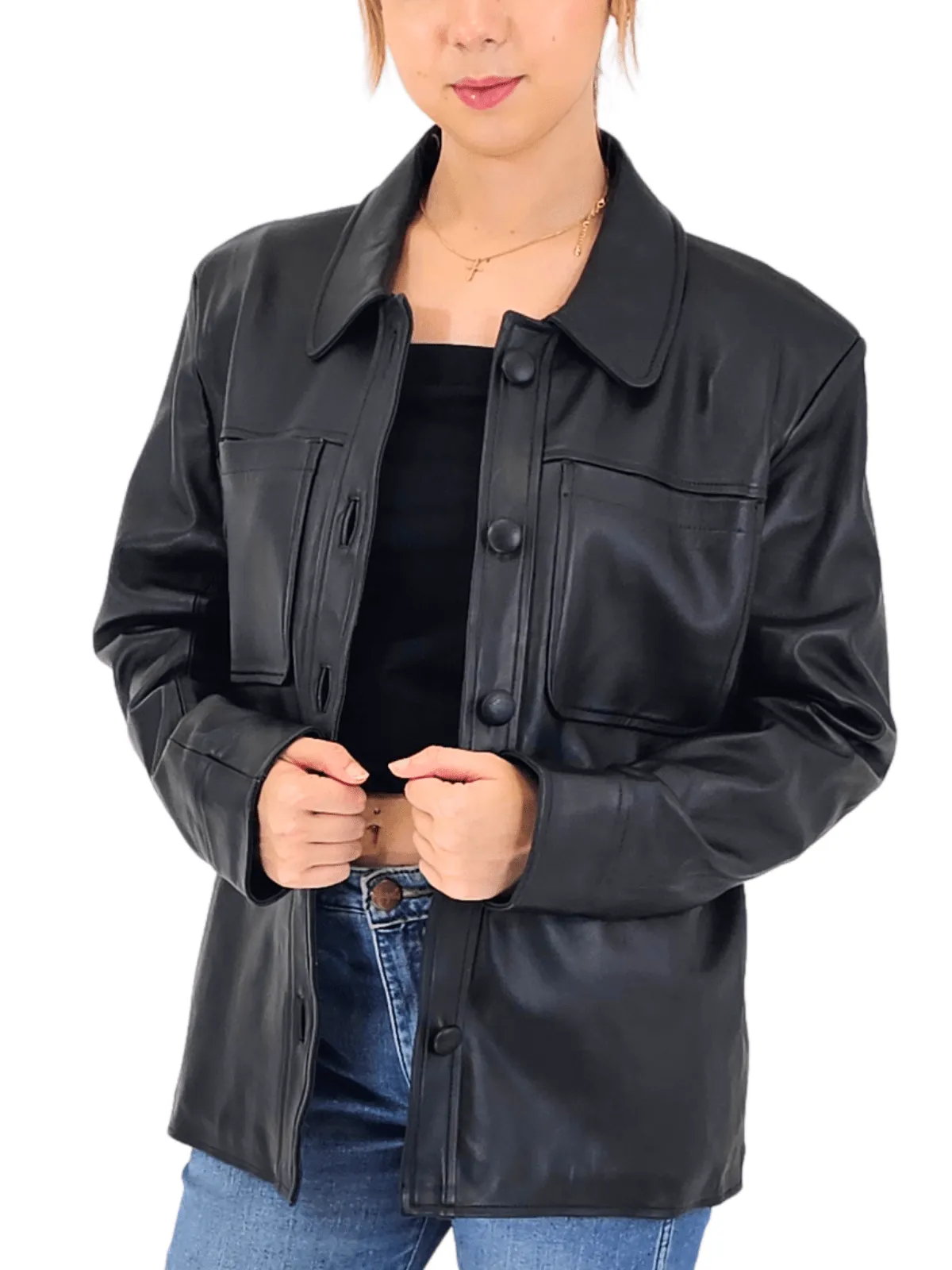 Handcrafted Oversized Women's Sheepskin Leather Jacket – Classic Black, Stylish & Versatile