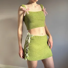 Handmade crochet coord with bow top and lace up skirt